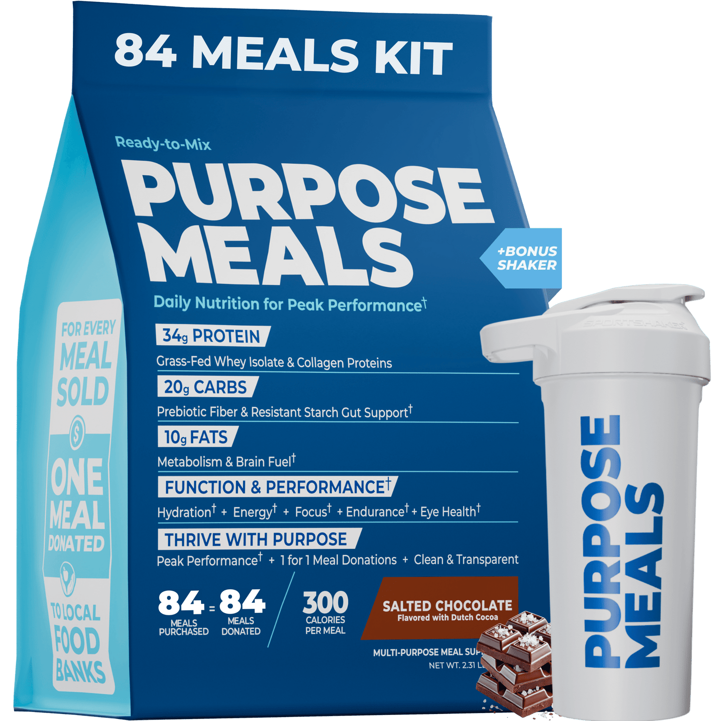 Purpose Meals Ready-to-Mix 85 Meals Kit in Salted Chocolate flavor, includes six 14 meal packs and an American-made 27oz shaker bottle. High-protein meal replacement with whey isolate, collagen, fiber, healthy fats, and 300 calories per meal.