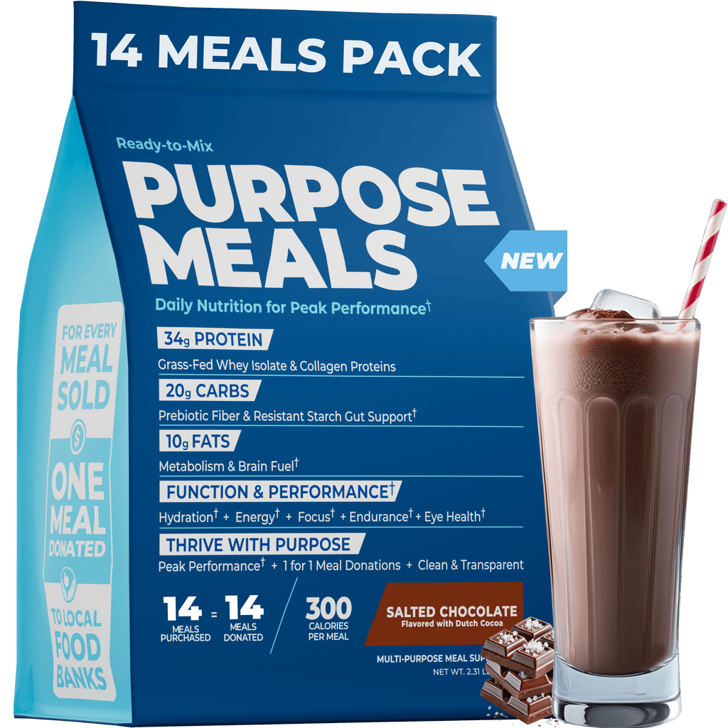 Purpose Meals Meal Replacement Shakes Powder 14 Meals Pack in Salted Chocolate flavor with grass-fed whey isolate, collagen protein, prebiotic fiber, healthy fats, and 300 calories per meal for peak performance nutrition.