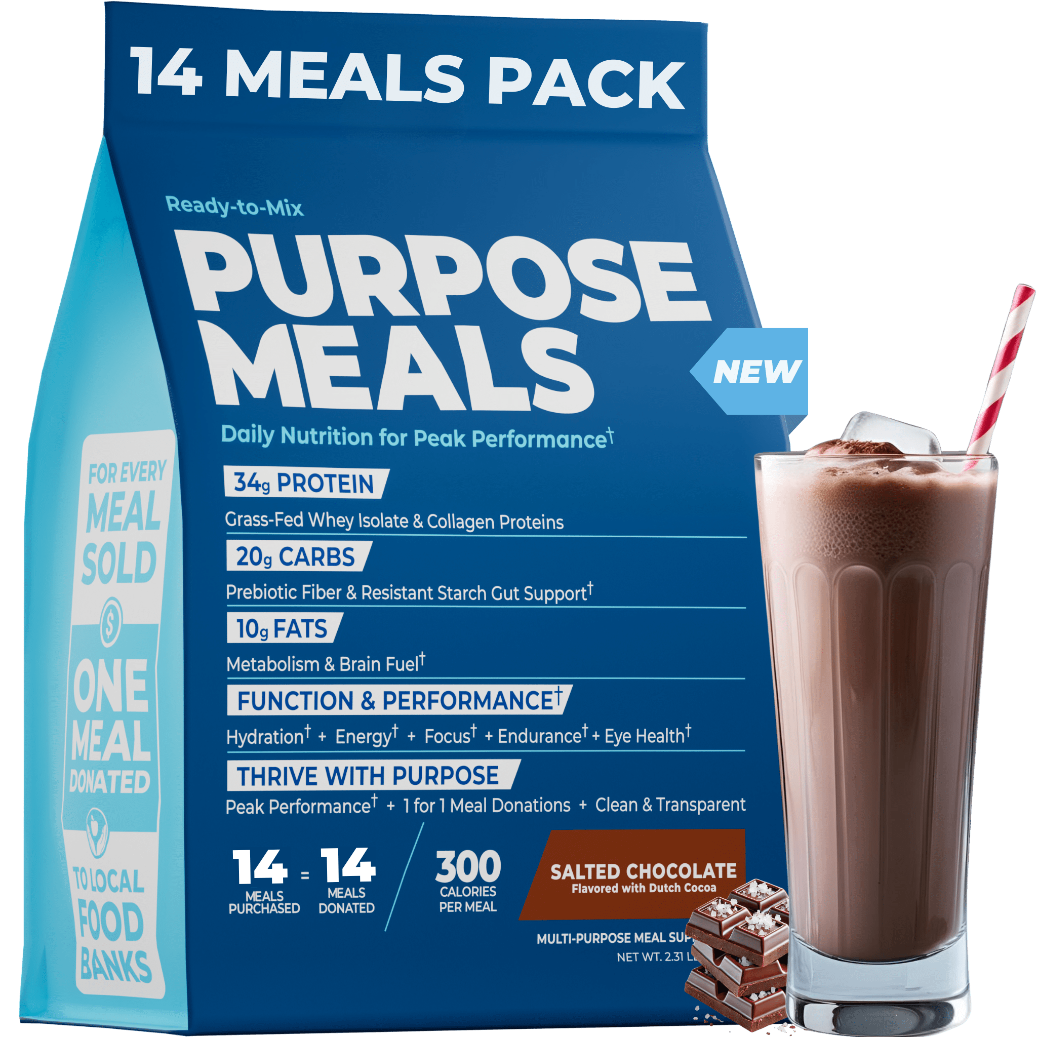 Purpose Meals Meal Replacement Shakes Powder 14 Meals Pack in Salted Chocolate flavor with grass-fed whey isolate, collagen protein, prebiotic fiber, healthy fats, and 300 calories per meal for peak performance nutrition.