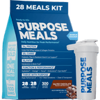Purpose Meals Ready-to-Mix 28 Meals Kit in Salted Chocolate flavor, includes two 14 meal packs and an American-made 27oz shaker bottle. High-protein meal replacement with whey isolate, collagen, fiber, healthy fats, and 300 calories per meal.